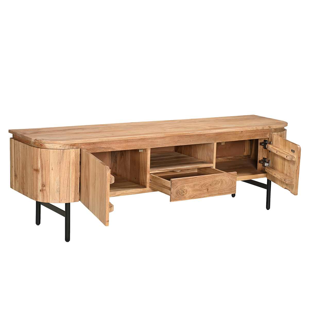 Meuble TV avec rangements en bois massif et métal noir L160 cm NAPOLI chêne clair, MILIBOO