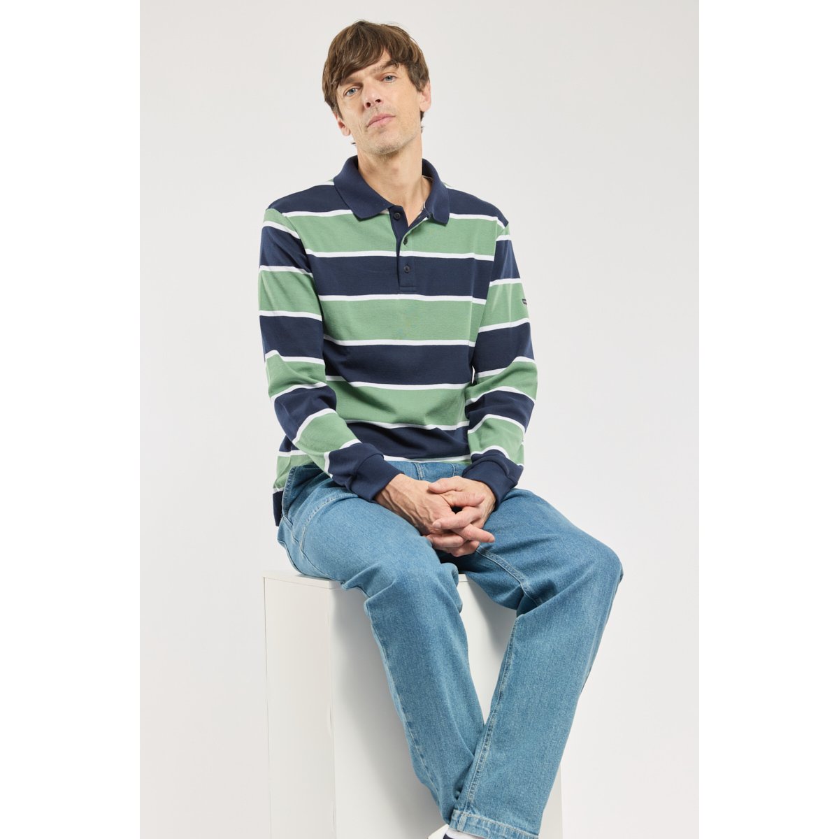 Polo rayé manches longues - coton marine deep/ivy/blanc, ARMOR-LUX