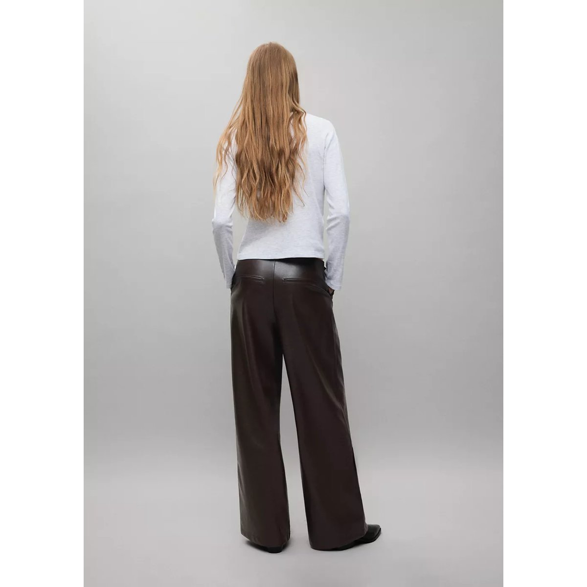 Pantalon large en cuir synthétique marron, MANGO TEEN