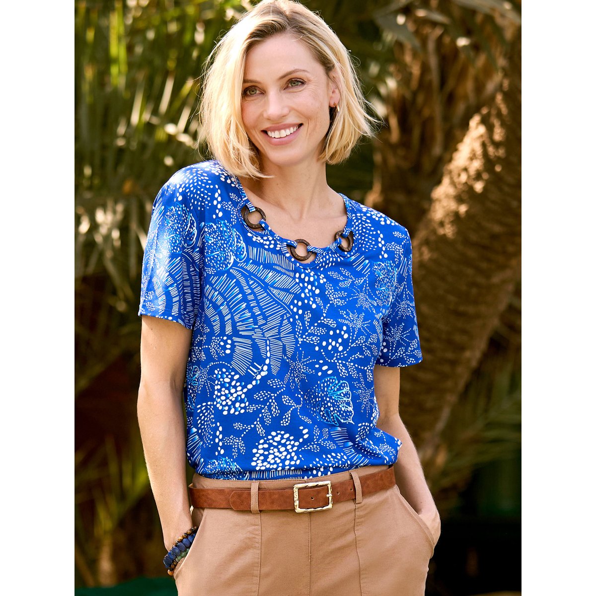 Tee-shirt encolure fantaisie imprimé bleu, DAXON
