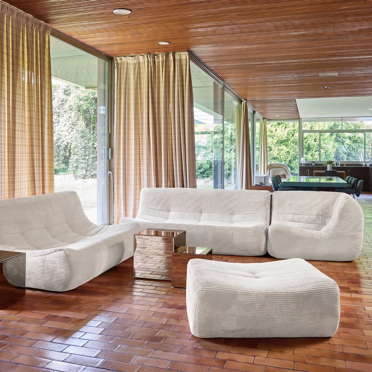 Canapé d'angle compressé modulable 7 places avec repose pied velours côtelé SOKOL terracotta, SWEEEK