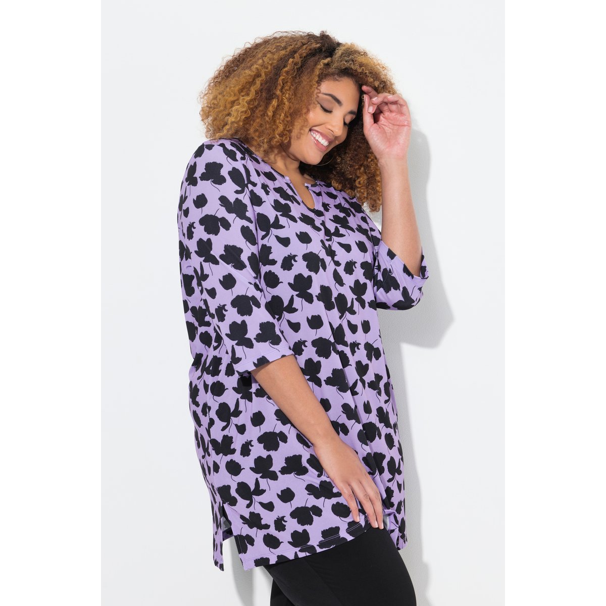 T-shirt long, col tunisien et manches 3/4 lavande, ULLA POPKEN