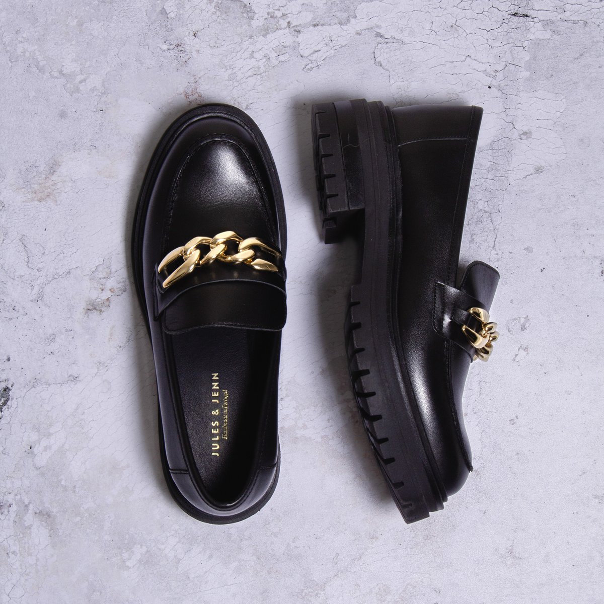 Mocassins crampons cuir lisse noir, JULES & JENN
