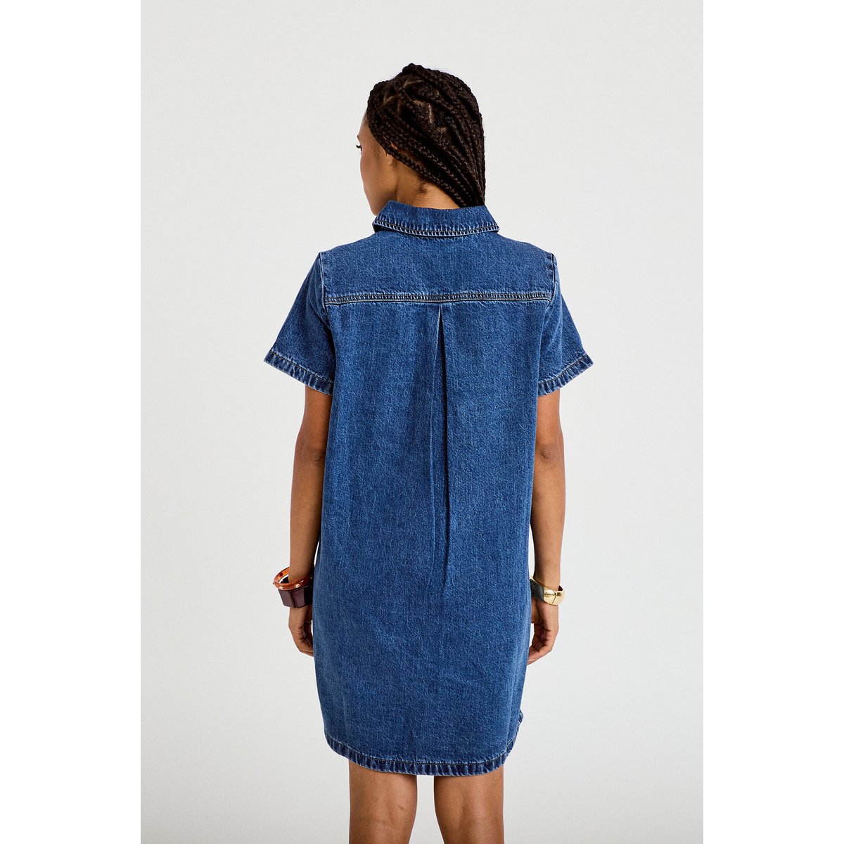 Robe droite courte en jean col chemise denim stone, CACHE CACHE