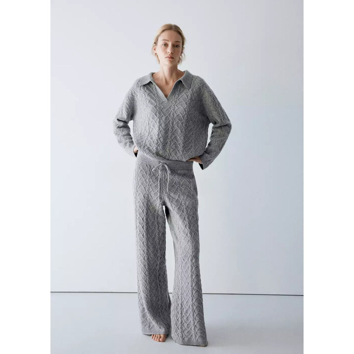 Pull tressé col polo gris, MANGO