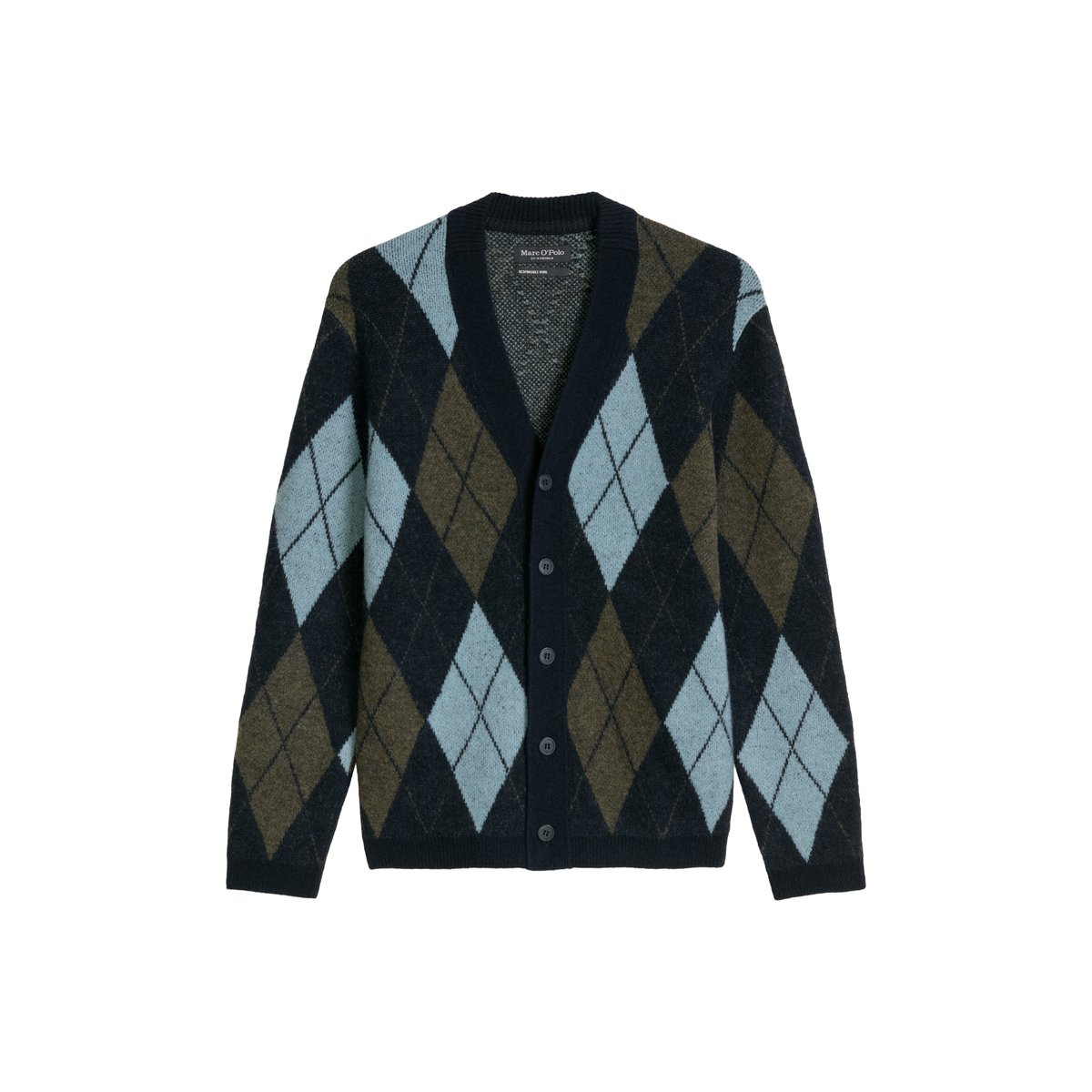 Cardigan à motif argyle en mélange de laine moelleux bleu, MARC O'POLO