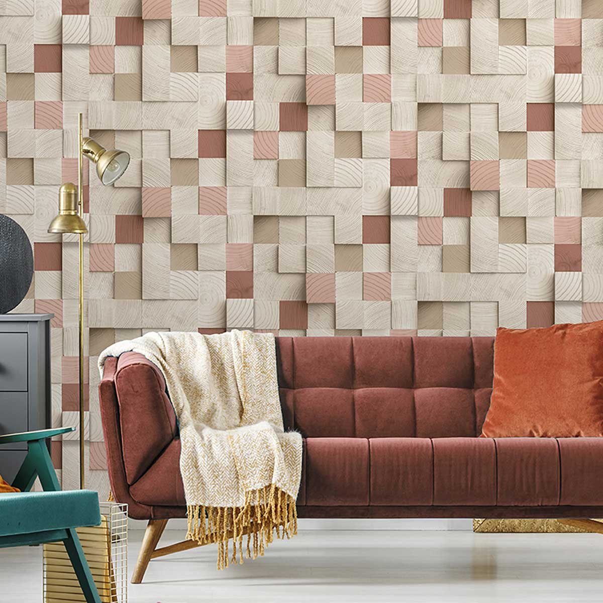 Papier peint bois mosaïque et touches rose poudré beige, HEXOA