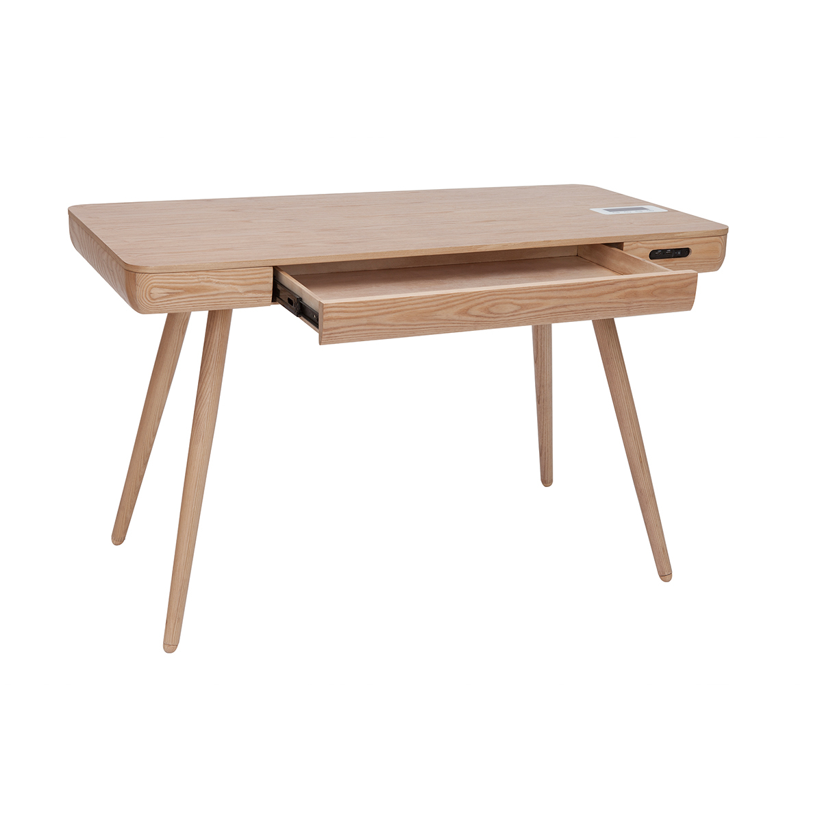 Bureau connecté multimédia avec tiroir bois clair massif L120 cm CLEVER bois clair / blanc, MILIBOO