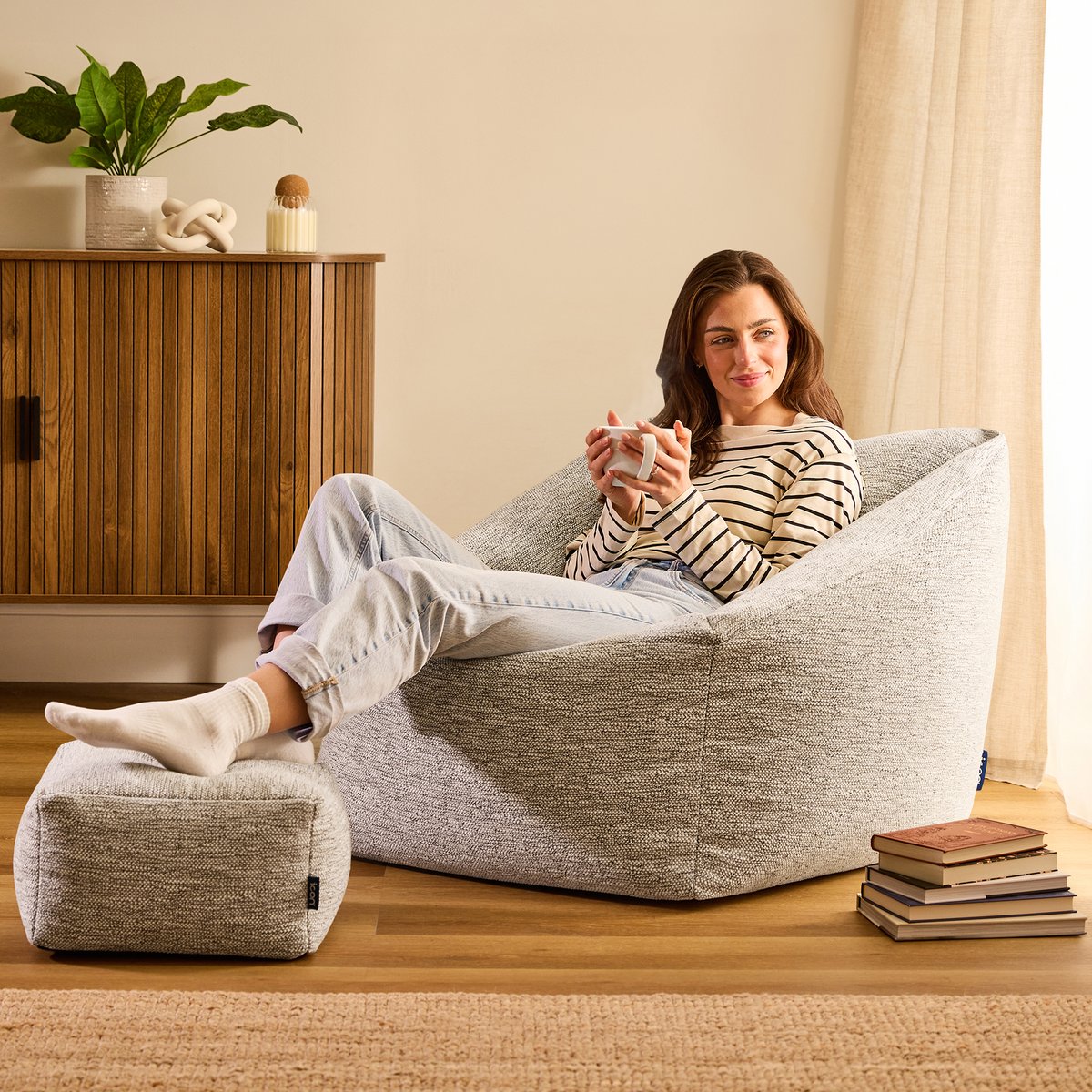 Pouf fauteuil salon et son repose-pied carré en tissu tissé Oeko-Tex® - NATALIA naturel beige, ICON