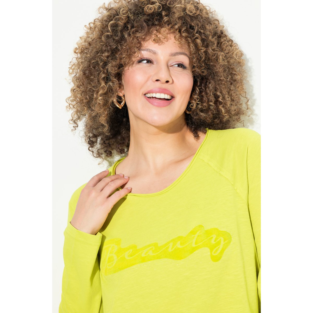 T-shirt évasé à manches longues et col rond vert clair, ULLA POPKEN