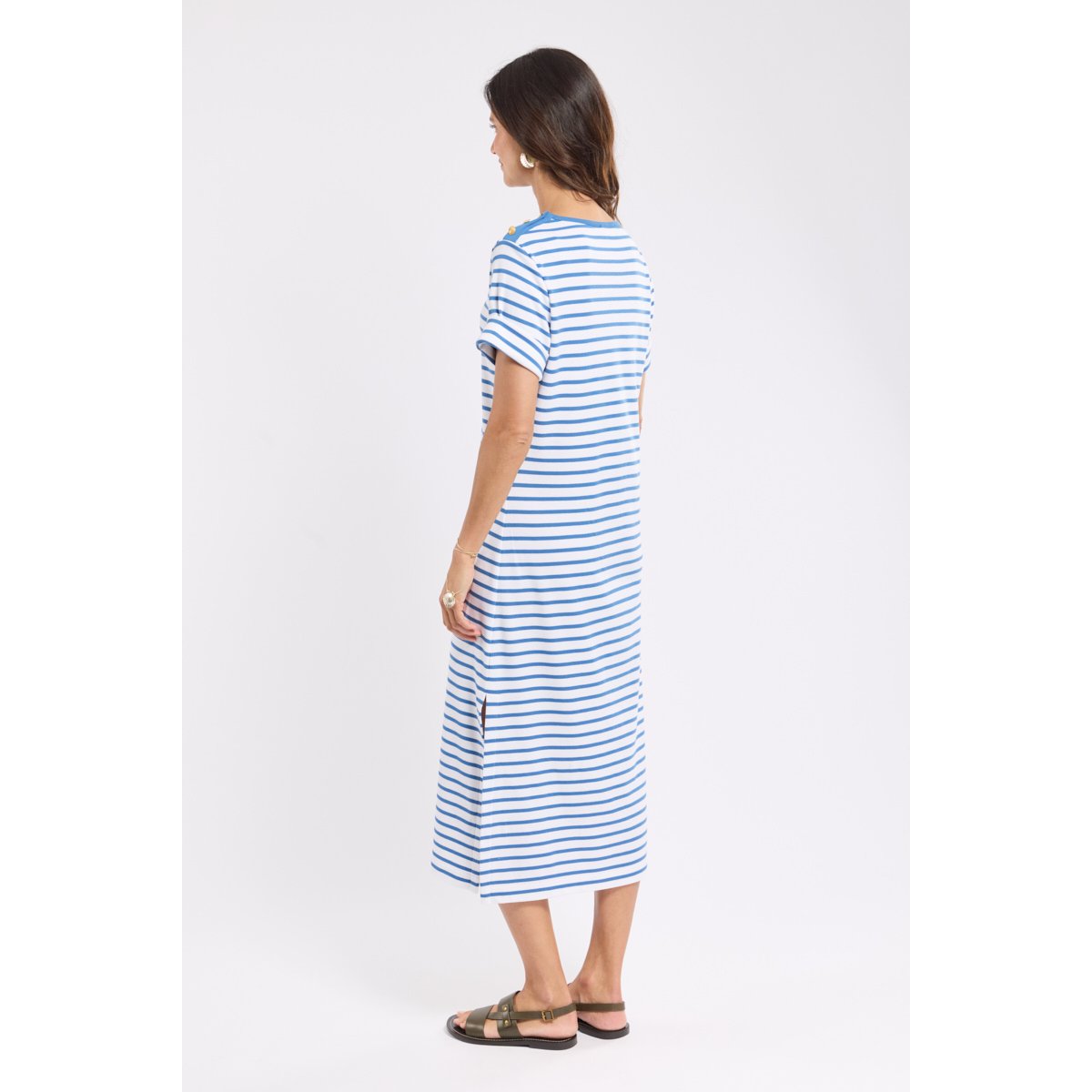 Robe longue rayée en coton épais blanc/federal blue, ARMOR-LUX