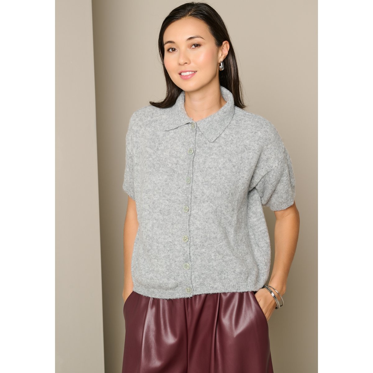 Gilet maille col polo gris clair, LOLALIZA