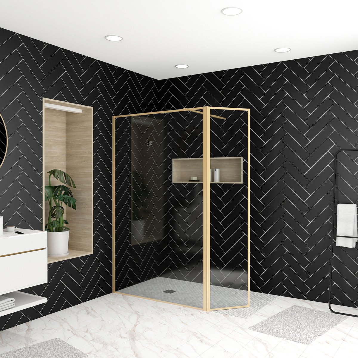 Paroi de douche à l’italienne avec volet pivotant en verre trempé 5 mm doré, HOME MAISON