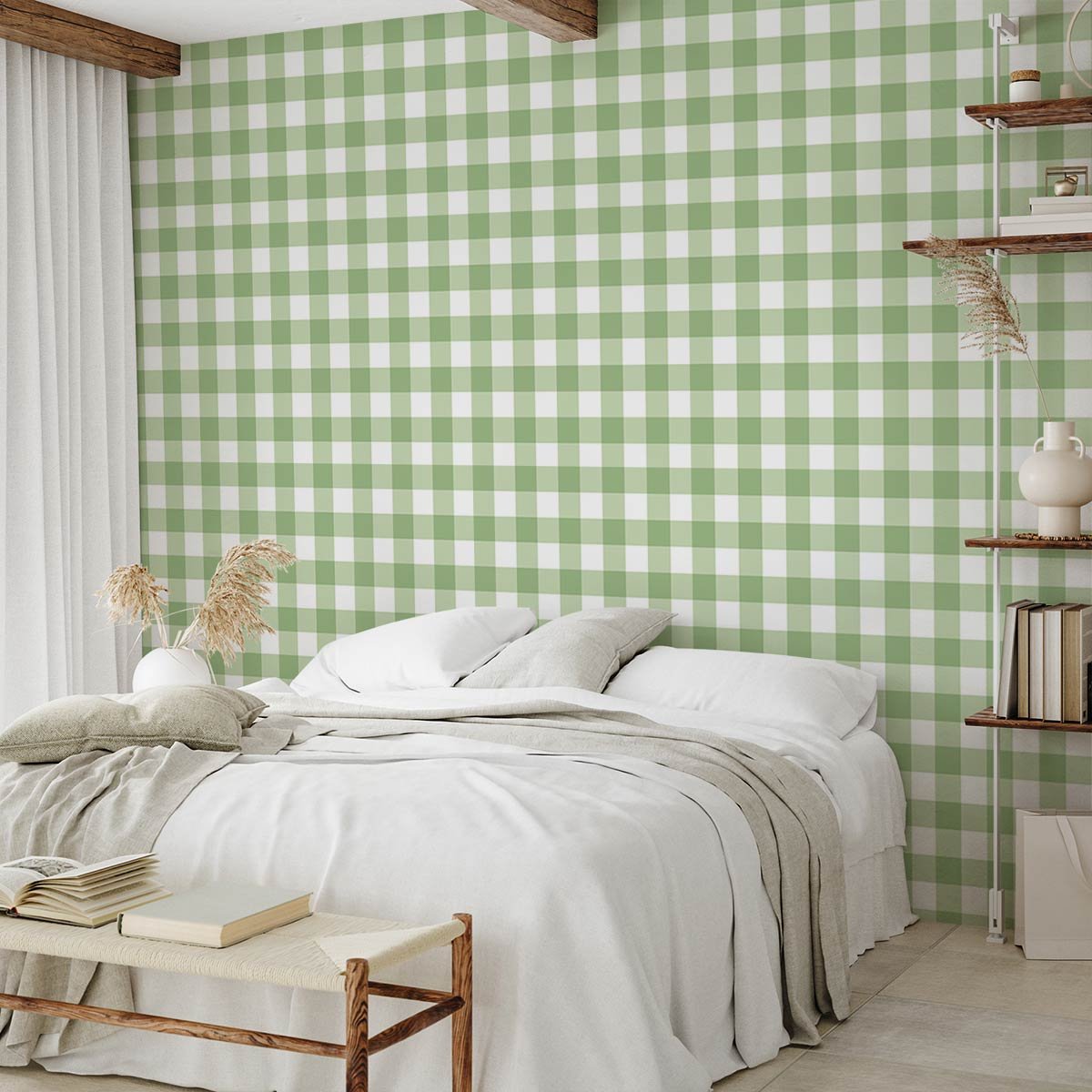 Papier peint papier vichy carreaux verts intissé, HEXOA