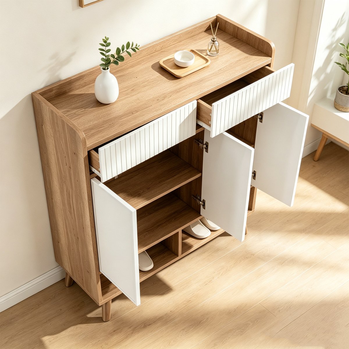 Meuble à chaussures 3 portes 2 niches et 2 tiroirs  ,MELVINI noyer, MEUBLES COSY