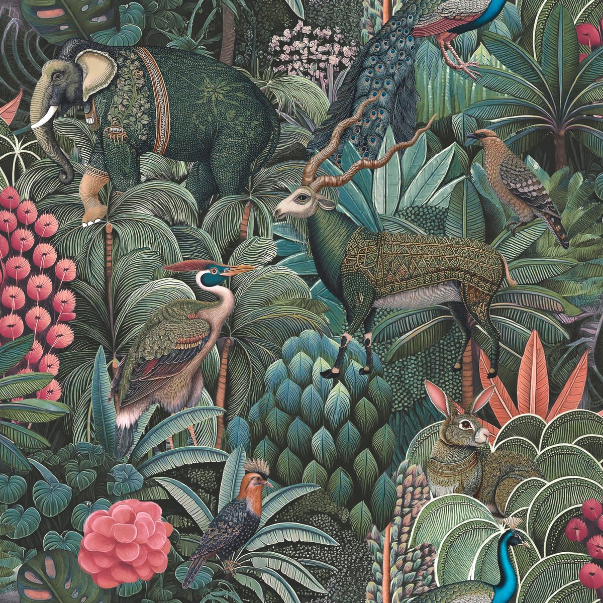 Papier peint Jungle Jamboree vert, rose, brun, bleu, GRAHAM ET BROWN
