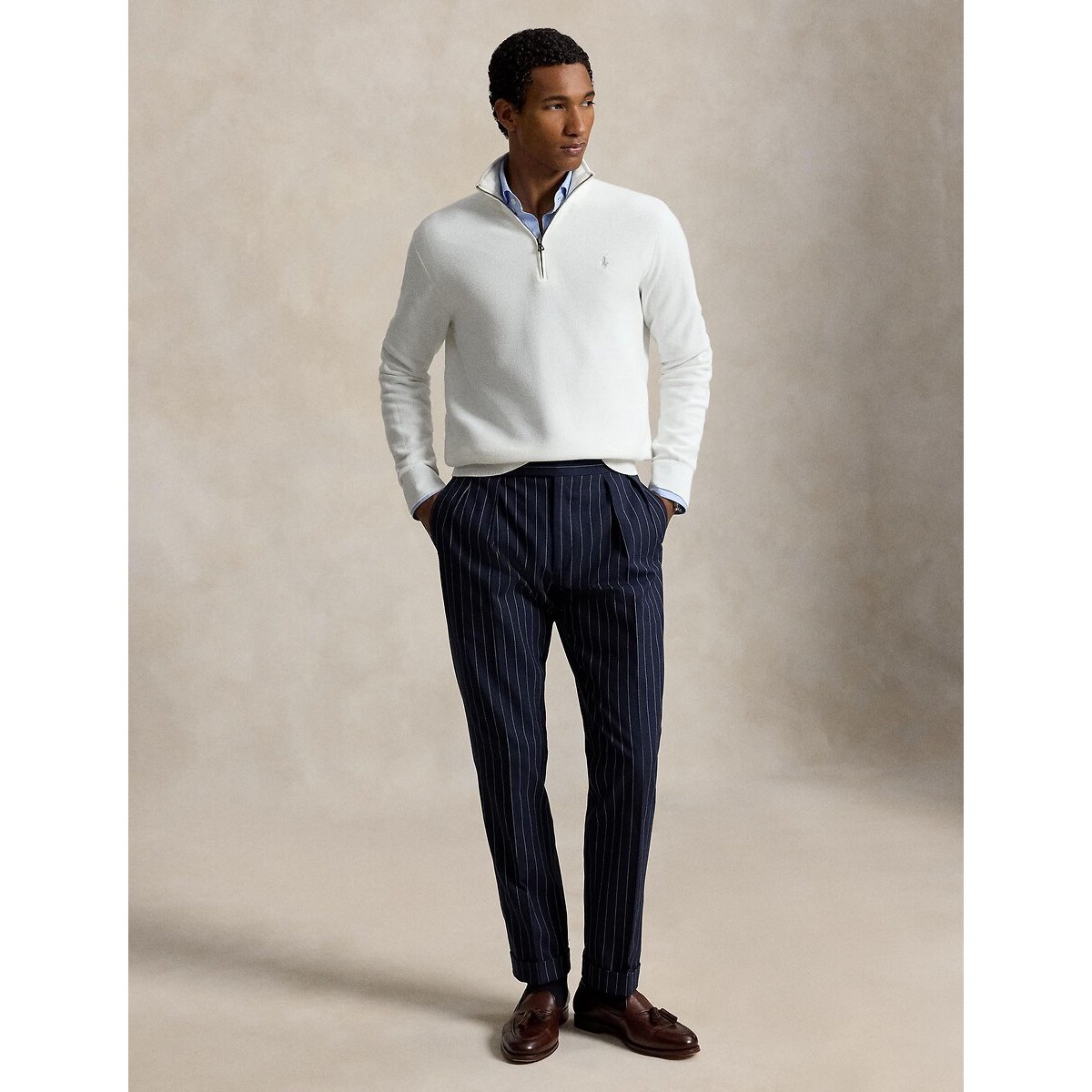 Camisola com meio fecho em piqué de algodão branco, POLO RALPH LAUREN