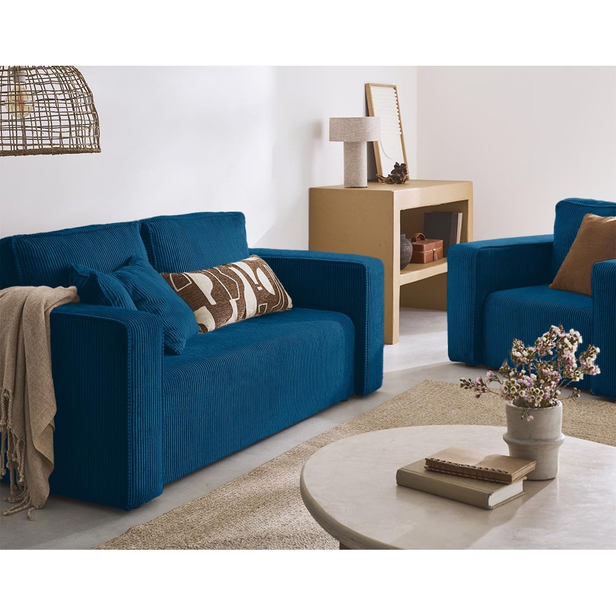 Canapé droit 2 places en velours côtelé, TOPAZE bleu ardoise, BEST MOBILIER