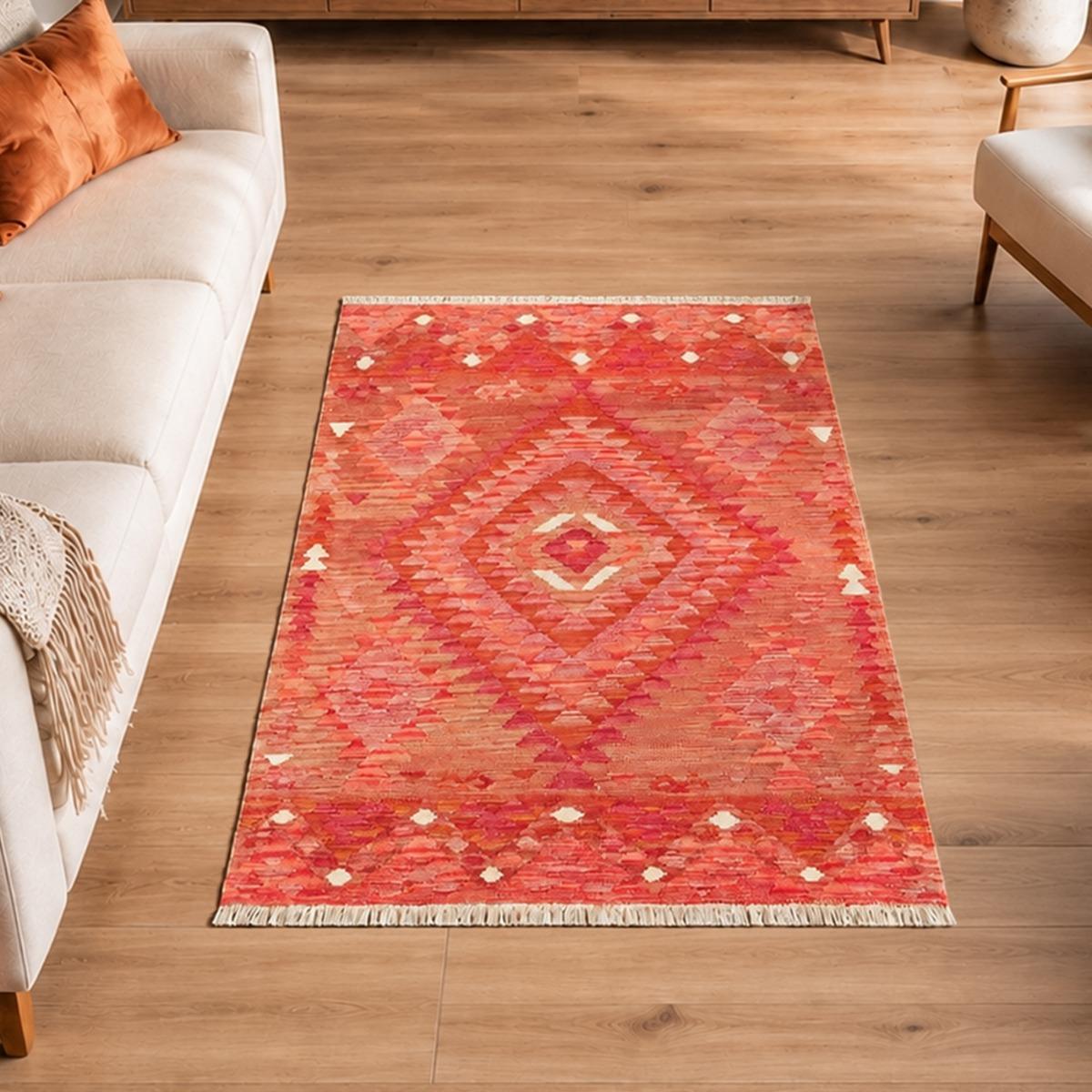 Tapis kilim géométrique, tissé plat en laine, KILIM 33 rouge, orange, rose, UN AMOUR DE TAPIS