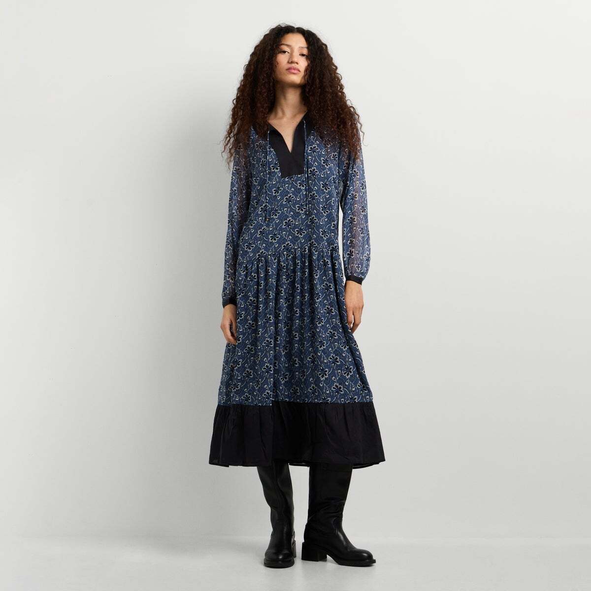 Robe Longue En Chiffon À Imprimé Floral bleu acier, PEPE JEANS