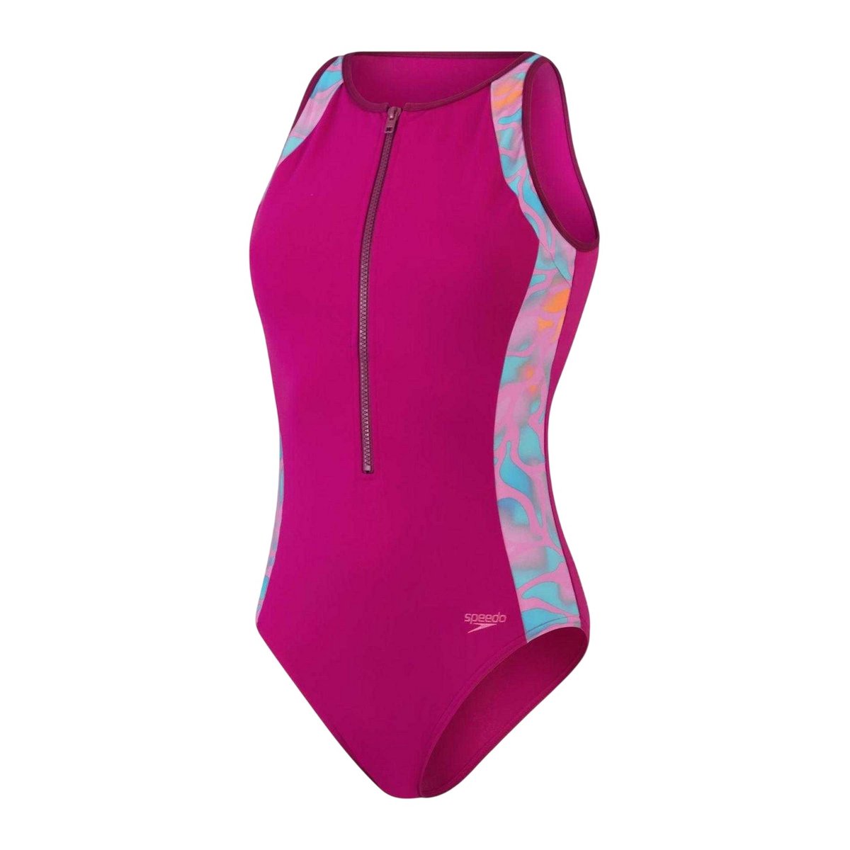 Maillot de bain 1 pièce zippé motif/style panneau contrasté violet / orange, SPEEDO