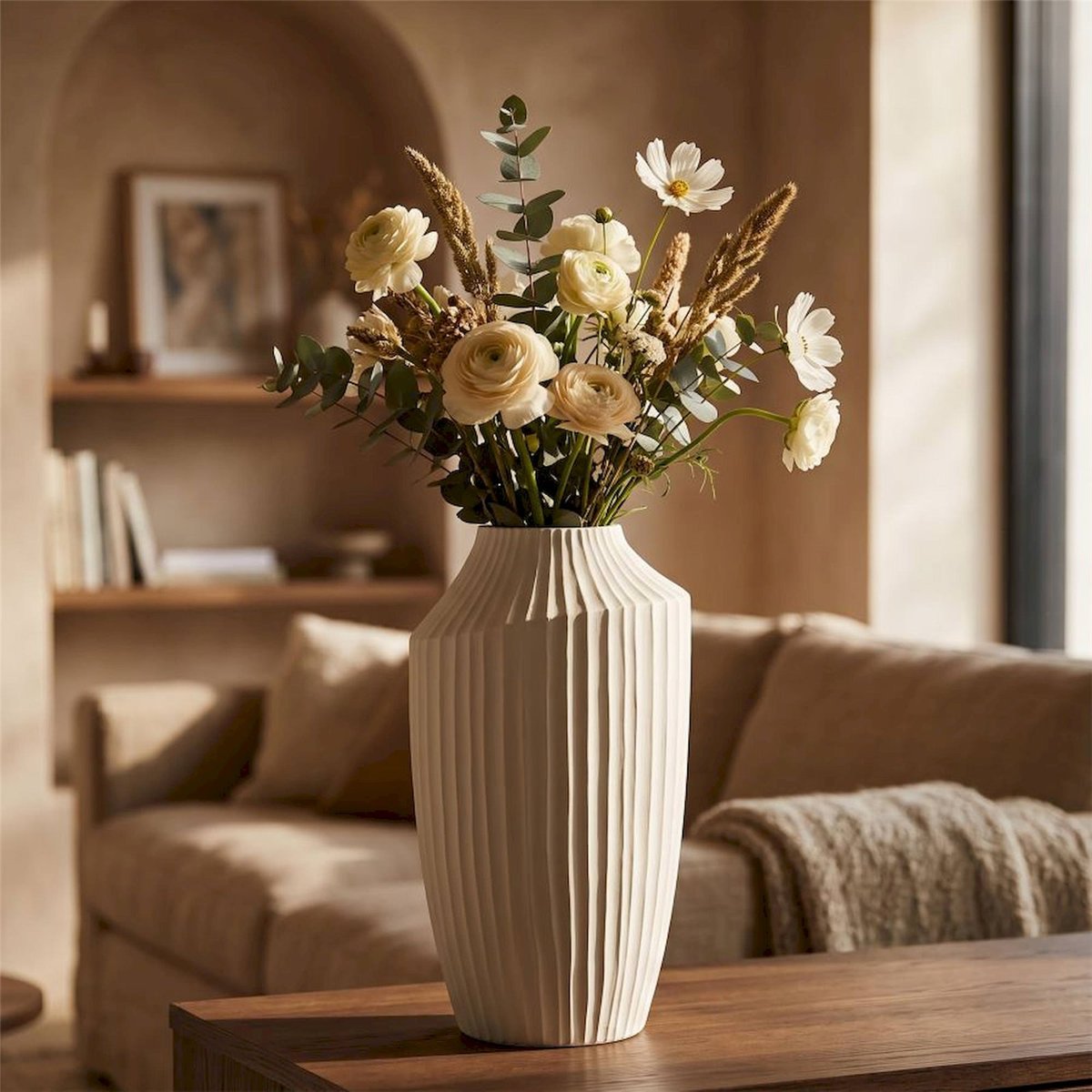 Vase sculptural côtelé effet relief MODERN crème, RECOLLECTION