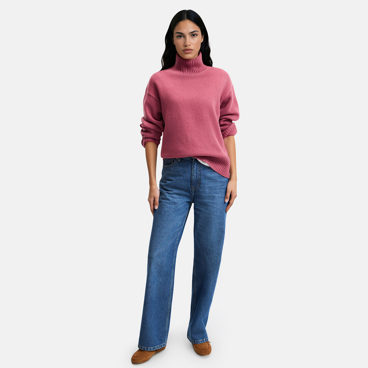 Pull col montant en laine, grosse maille rose, LA REDOUTE COLLECTIONS