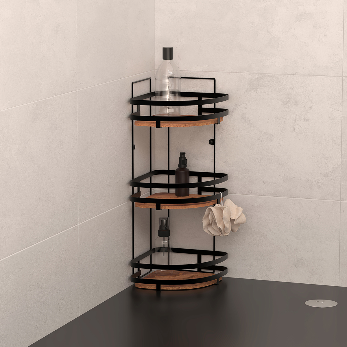 Étagère de douched'angle 3 niveaux en acacia BLACKACIA noir, 5FIVE SIMPLY SMART