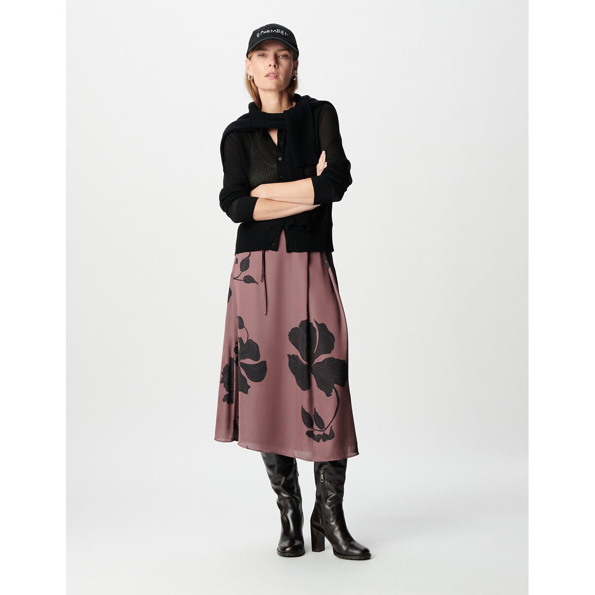 Jupe midi imprimé floral caramel, IKKS