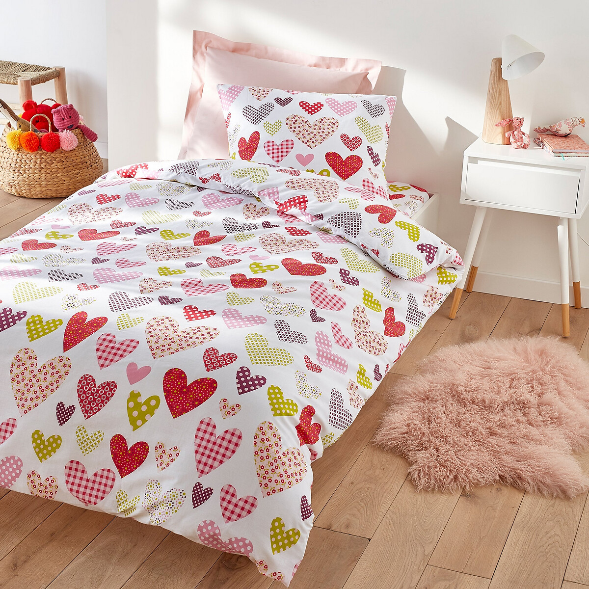 Drap-housse enfant pur coton, Coeur Liberté rose/vert/blanc, SO'HOME