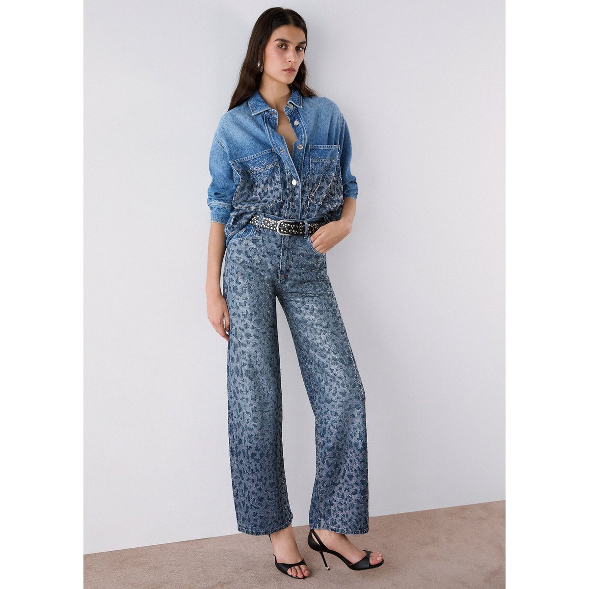 Jean droit avec strass animalier denim bleu, LIU JO