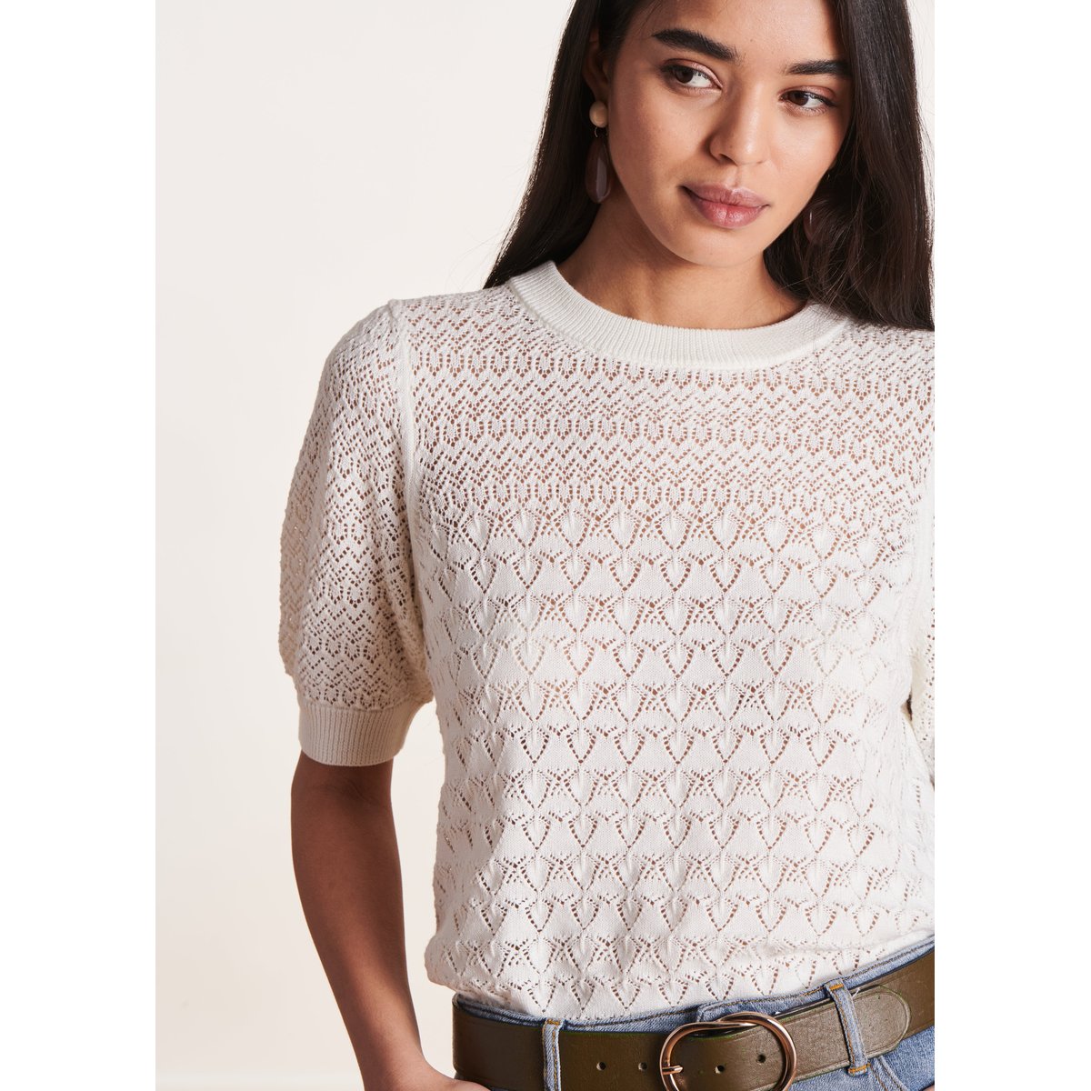 Pull manches courtes en maille pointelle ecru, LA FEE MARABOUTEE