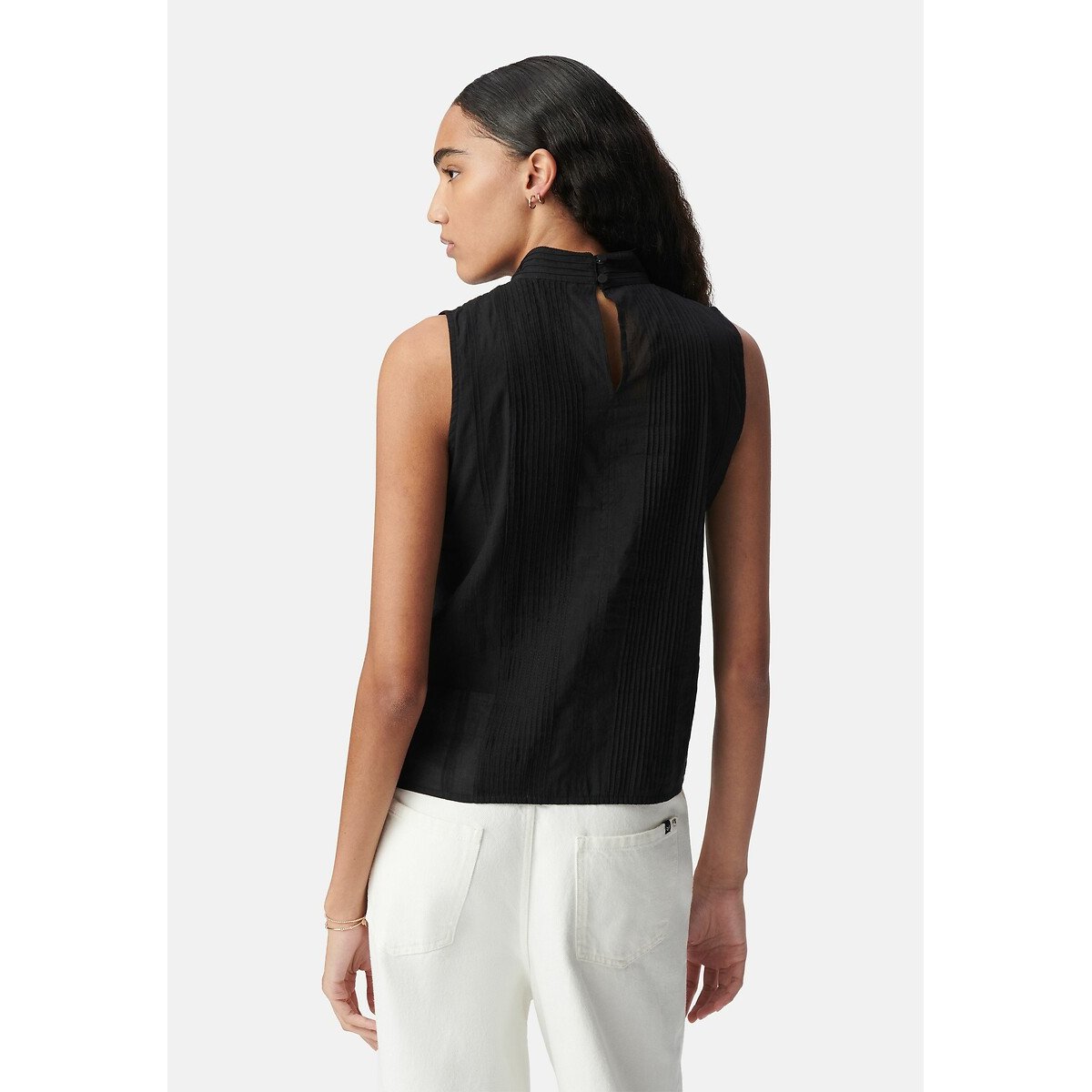 Blouse plissée sans manches à col montant lin/noir, IKKS