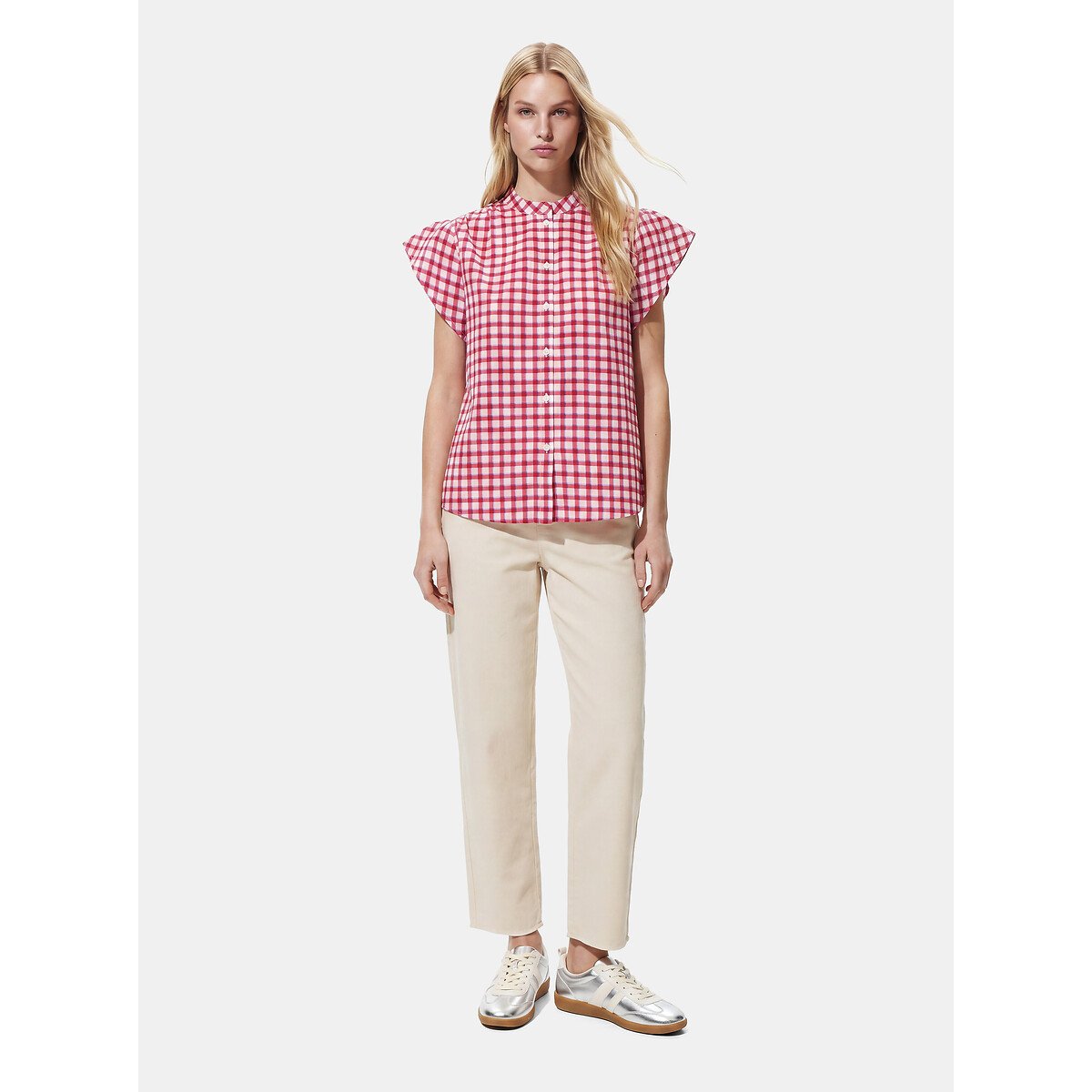 Camisa xadrez sem mangas com gola Mao quadrados rosa, PIECES