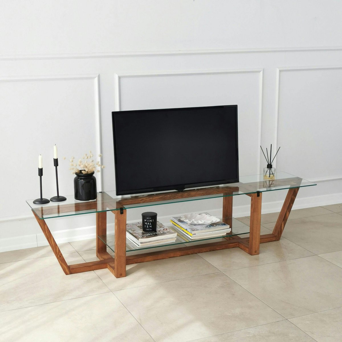 Meuble TV verre trempé bois foncé - 158 cm 2 niveaux LHASA bois naturel, PIER IMPORT