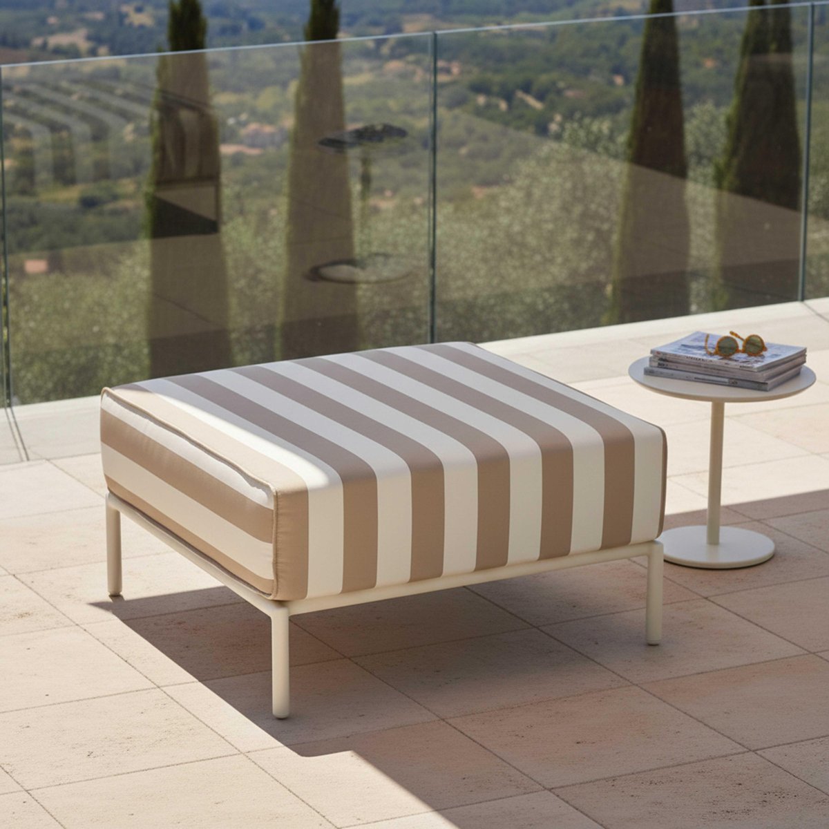 Pouf rayé pour salon de jardin modulable, PATIO beige, OVIALA