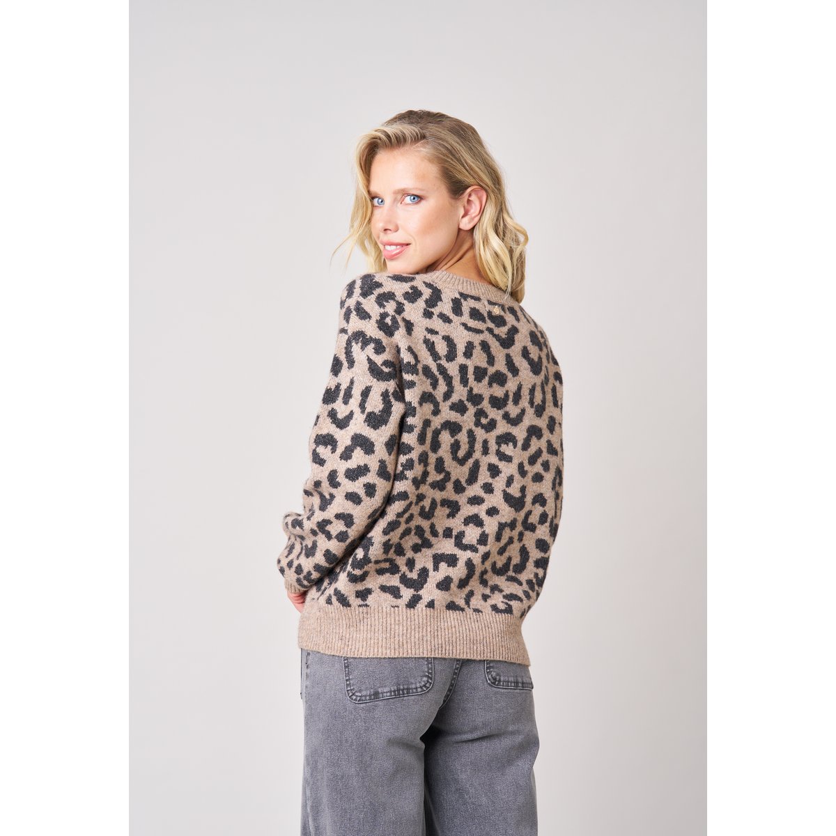 Pull femme en maille jacquard léopard NAWA taupe, DEELUXE