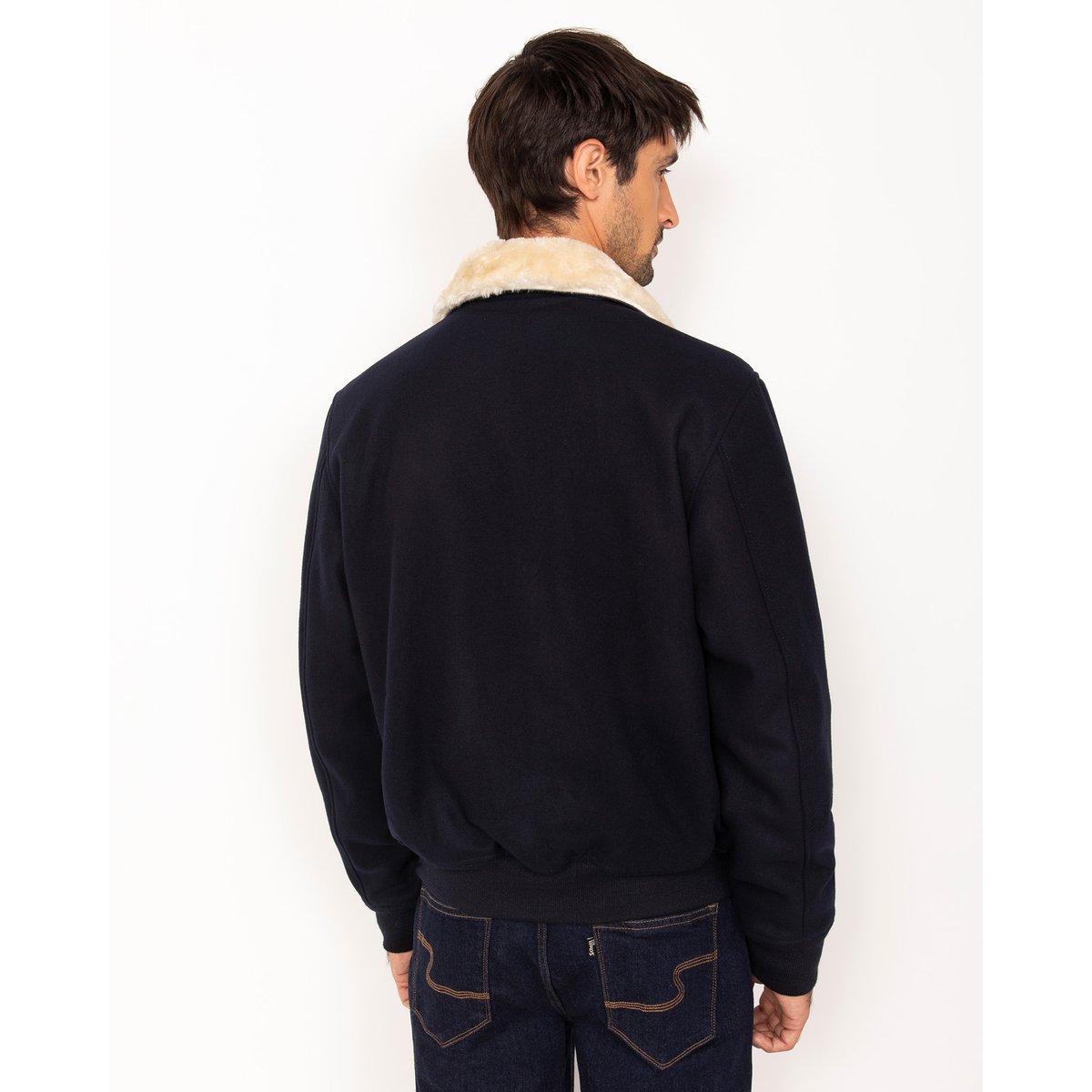 Blouson pilote en laine mélangée bleu marine, SCHOTT