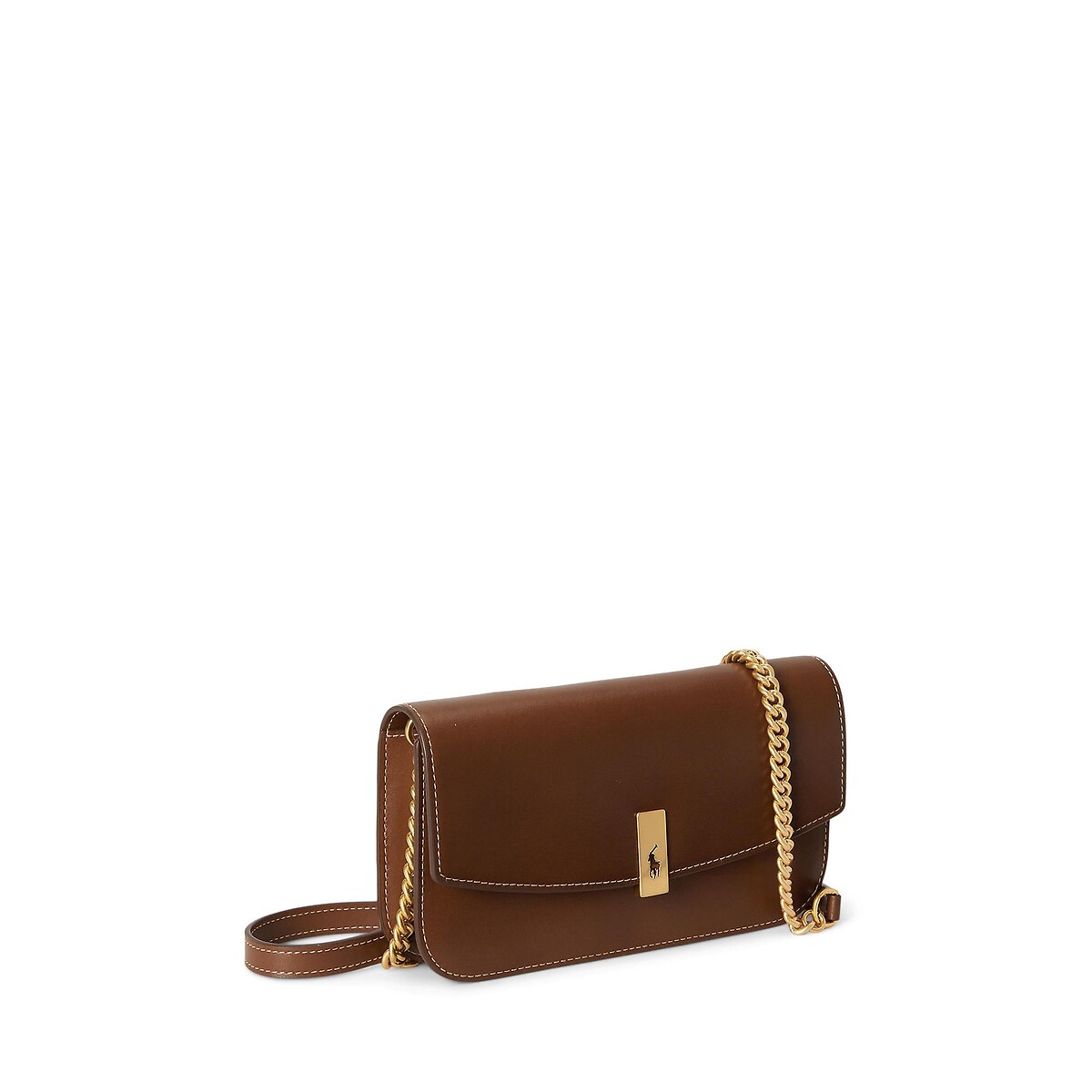 Sac pochette en cuir, à bandoulière chaîne camel, POLO RALPH LAUREN