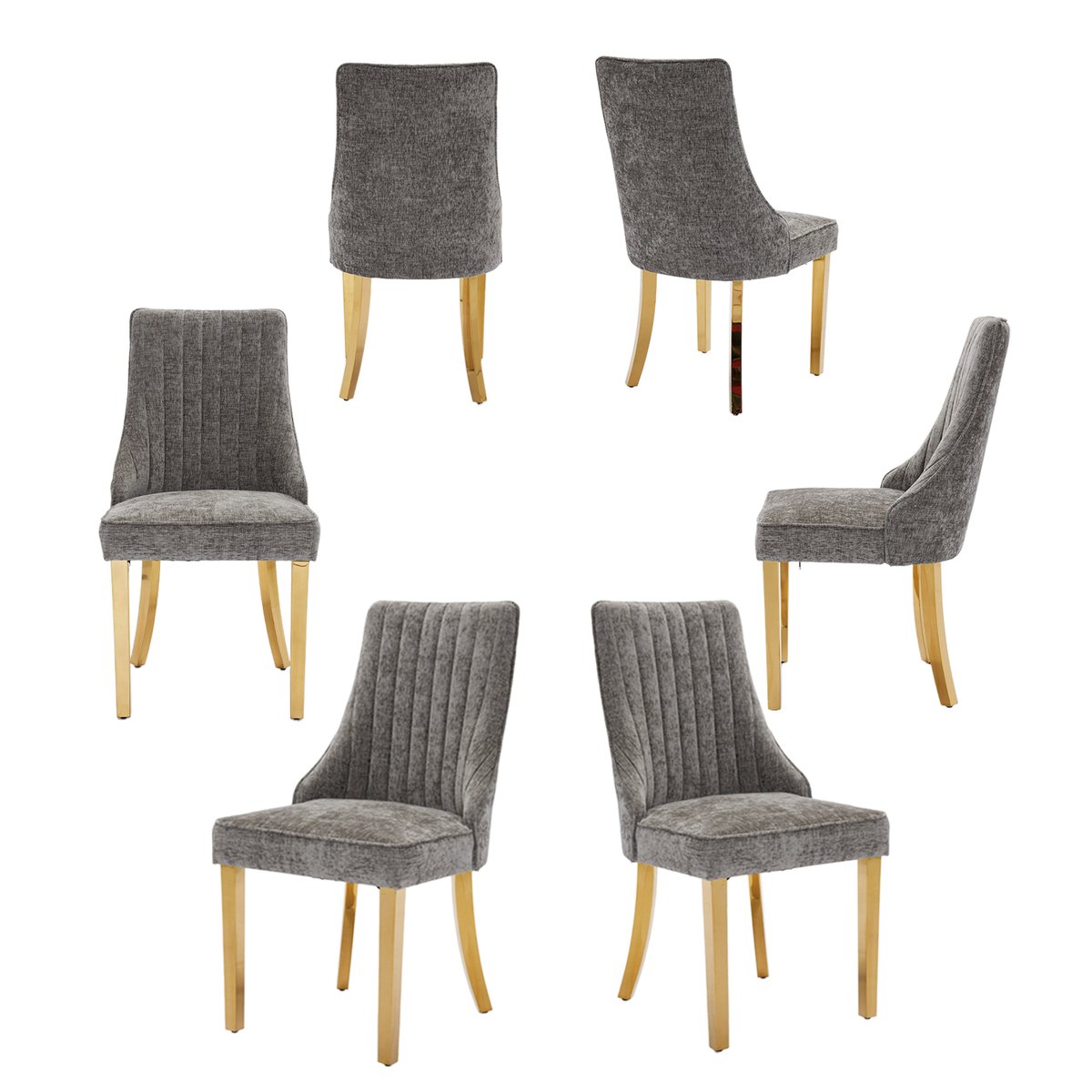 Lot de 6 chaises en tissu chenille avec pieds métal doré, GERRYC gris, MEUBLES COSY