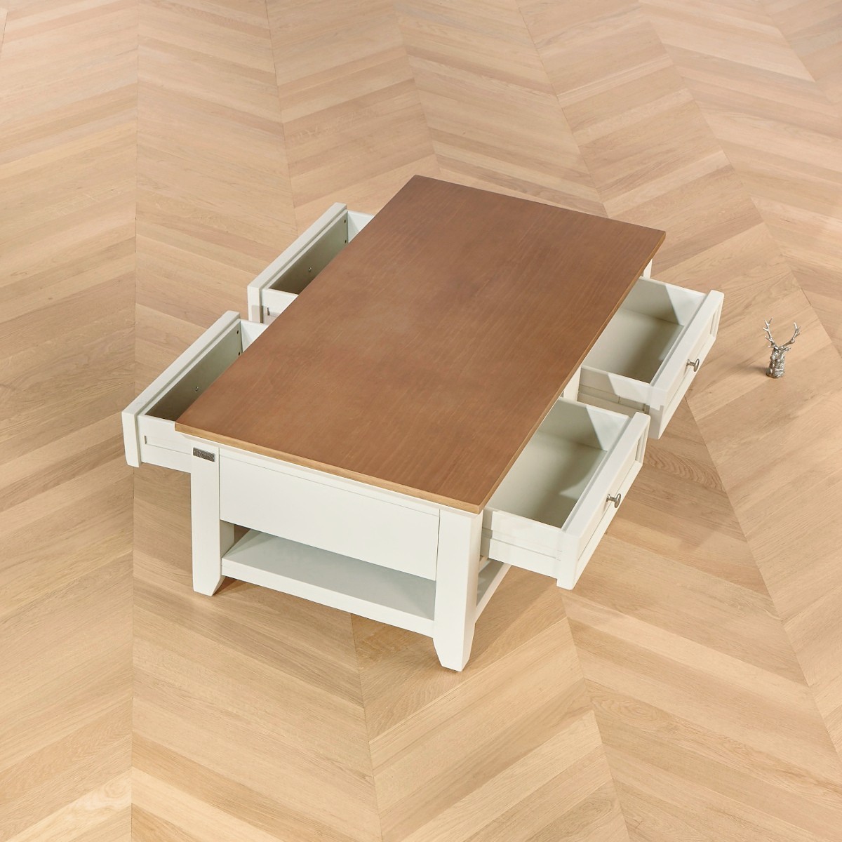 Table basse rectangulaire style contemporain, double plateau, 4 tiroirs ARCHER blanc, ROBIN DES BOIS