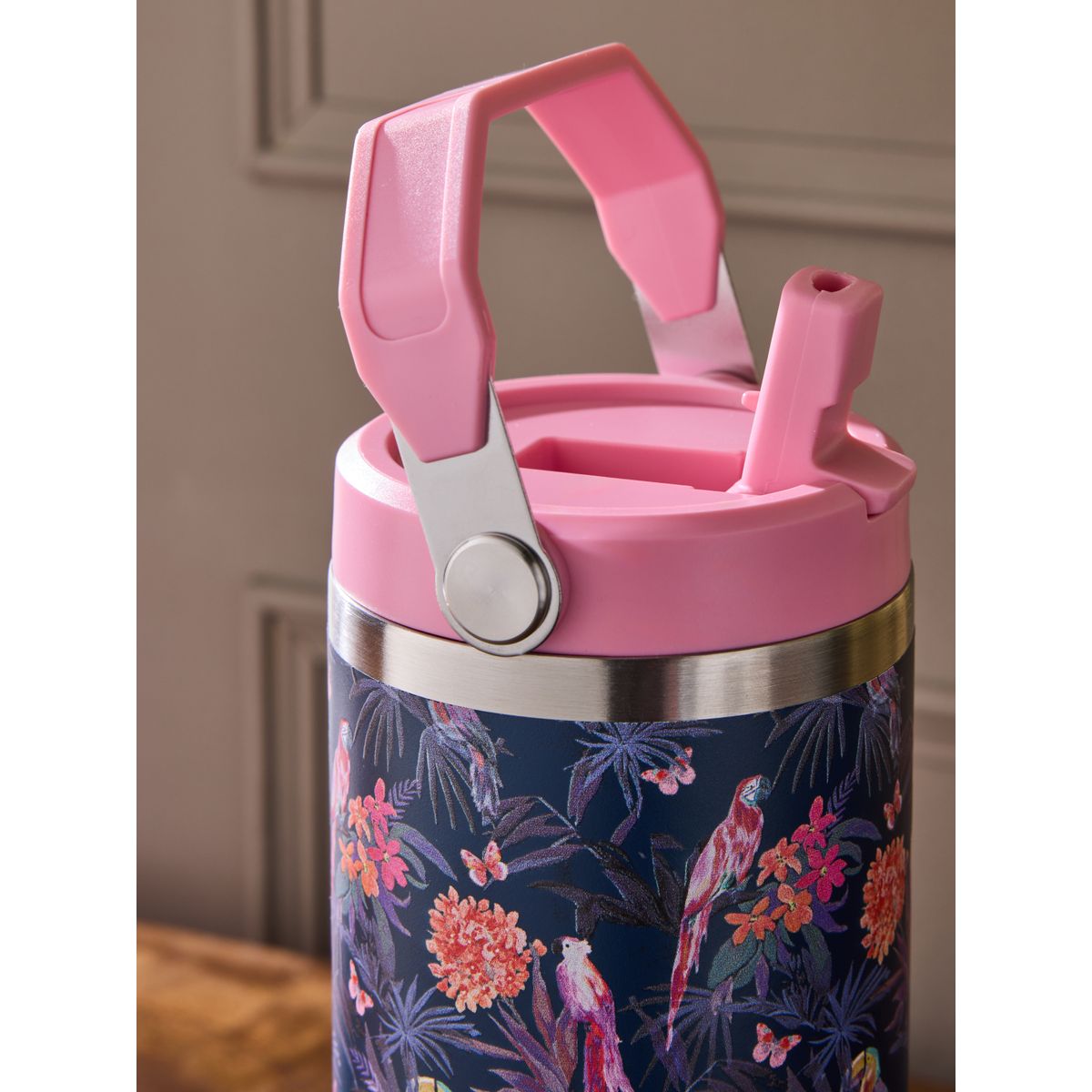 Gourde à imprimé tropical avec paille 900 ml rose/bleu marine, NEXT