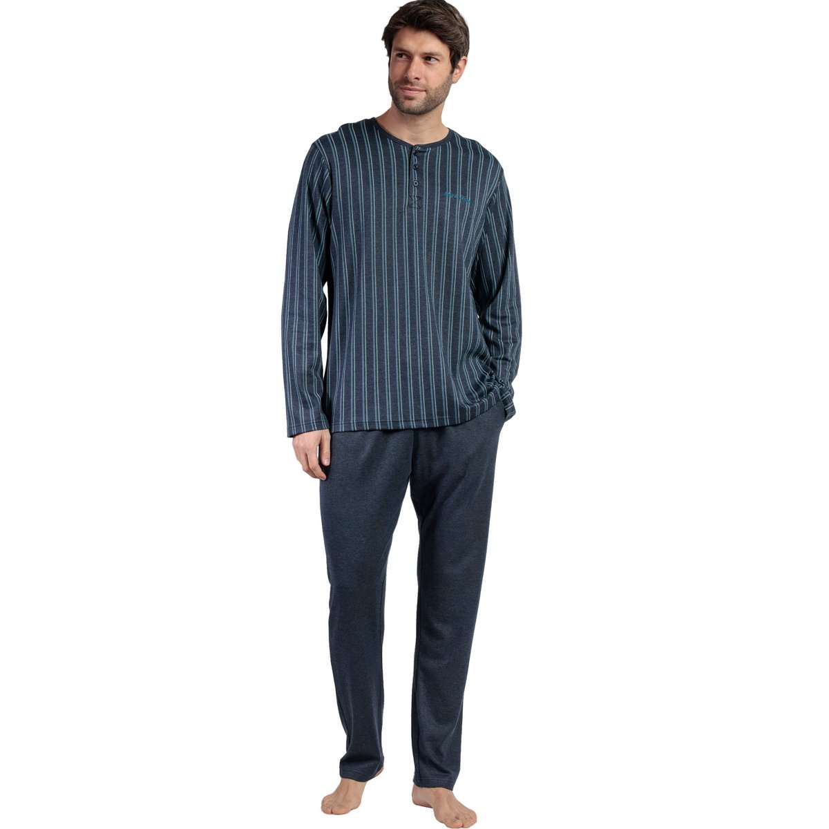 Pyjama pantalon polo manches longues Italic bleu marine, ADMAS