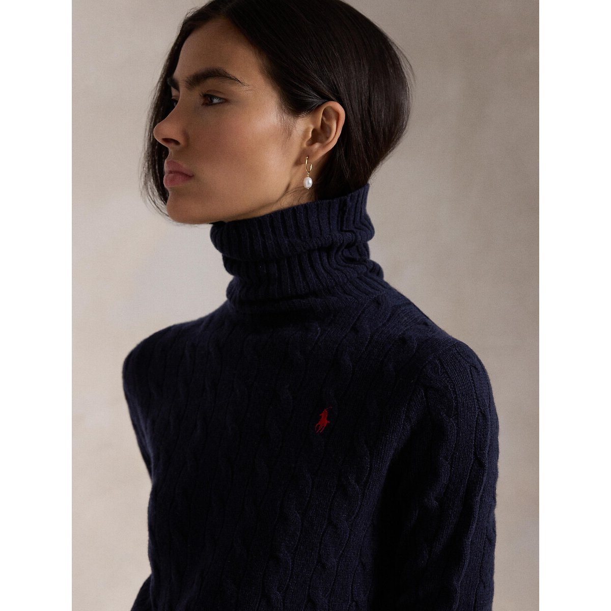 Jersey de cuello vuelto, punto trenzado, 90% lana, 10% cachemira azul marino, POLO RALPH LAUREN