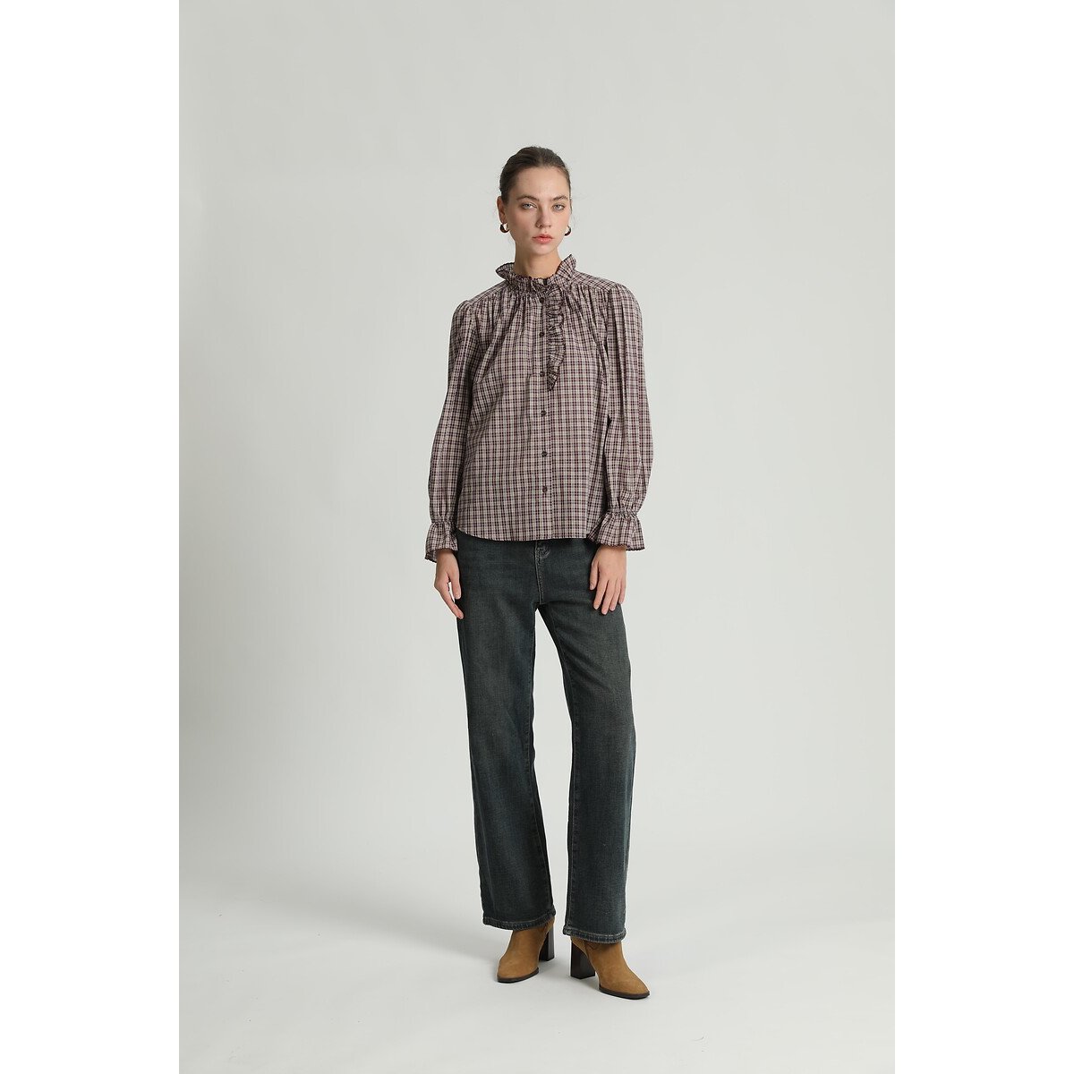 Blouse volant à carreaux, col montant bordeaux, SEE U SOON