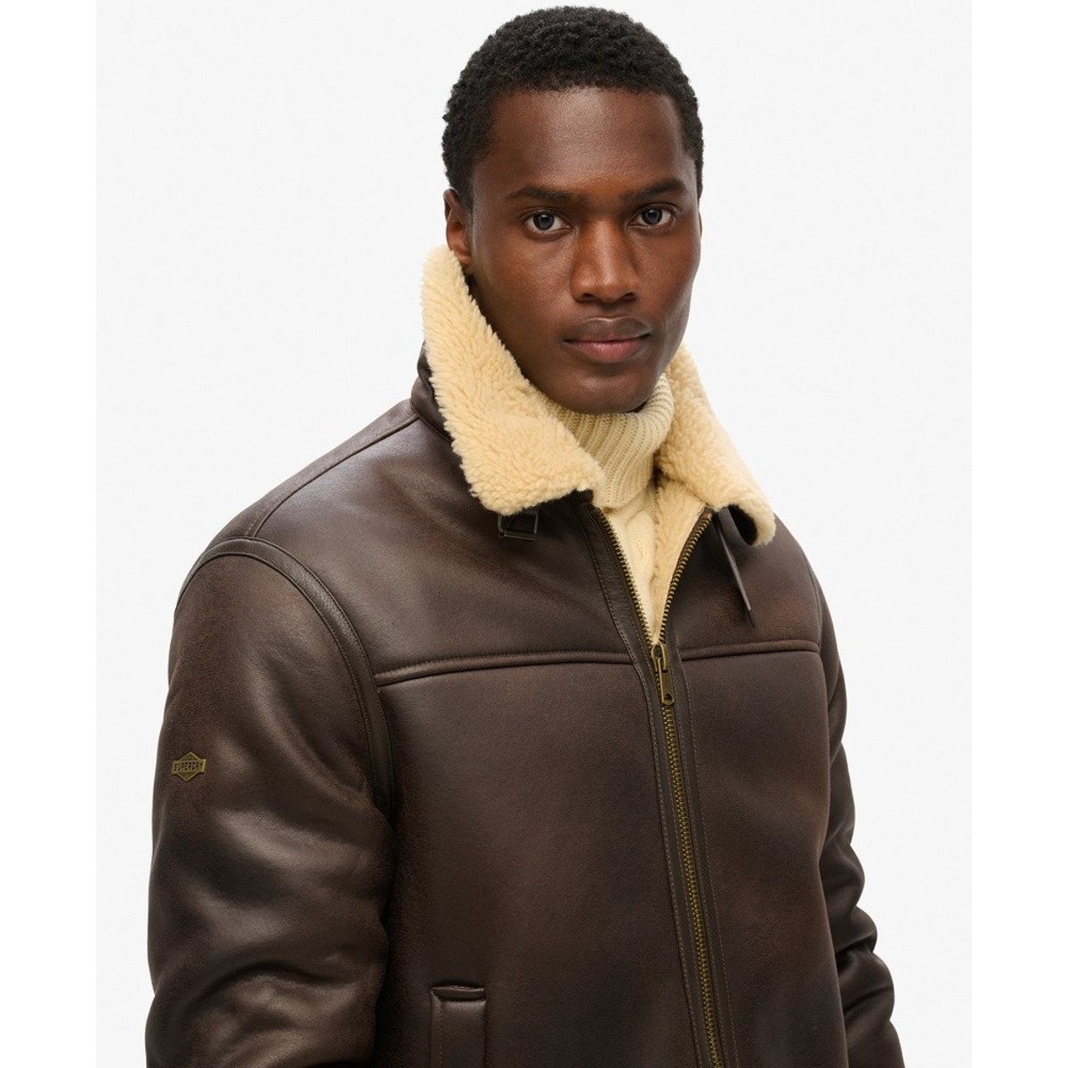 Veste Aviator imitation Fourrure Coupe Décontractée marron foncé, SUPERDRY
