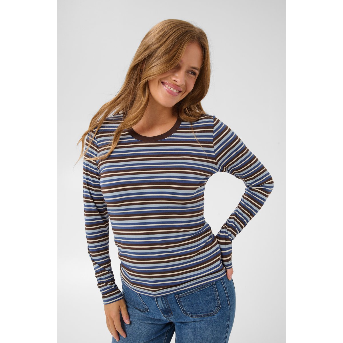 T-shirt à manches longues marron bleu coffee bean/blue multi stripe, KAFFE