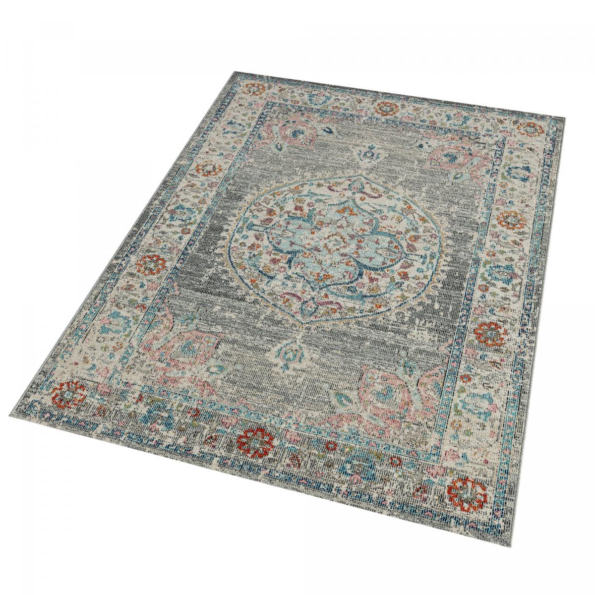 Tapis extérieur tissé kilim rectangle SALOUT A gris, bleu, UN AMOUR DE TAPIS