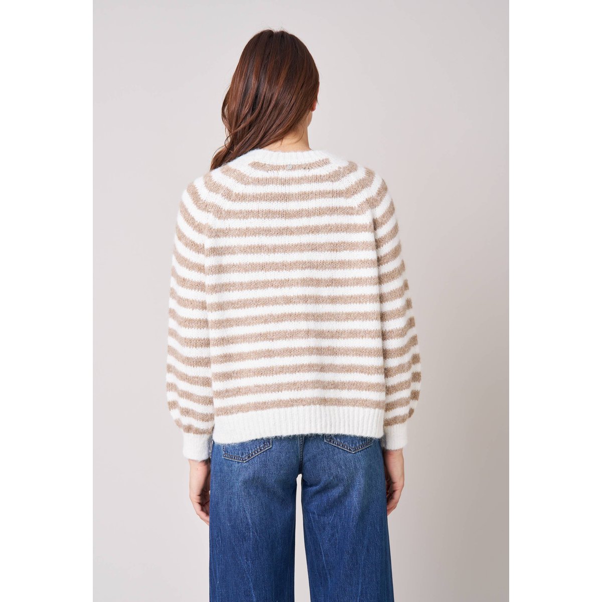 Pull femme rayé en maille douce IPHIGENIE taupe clair, DEELUXE