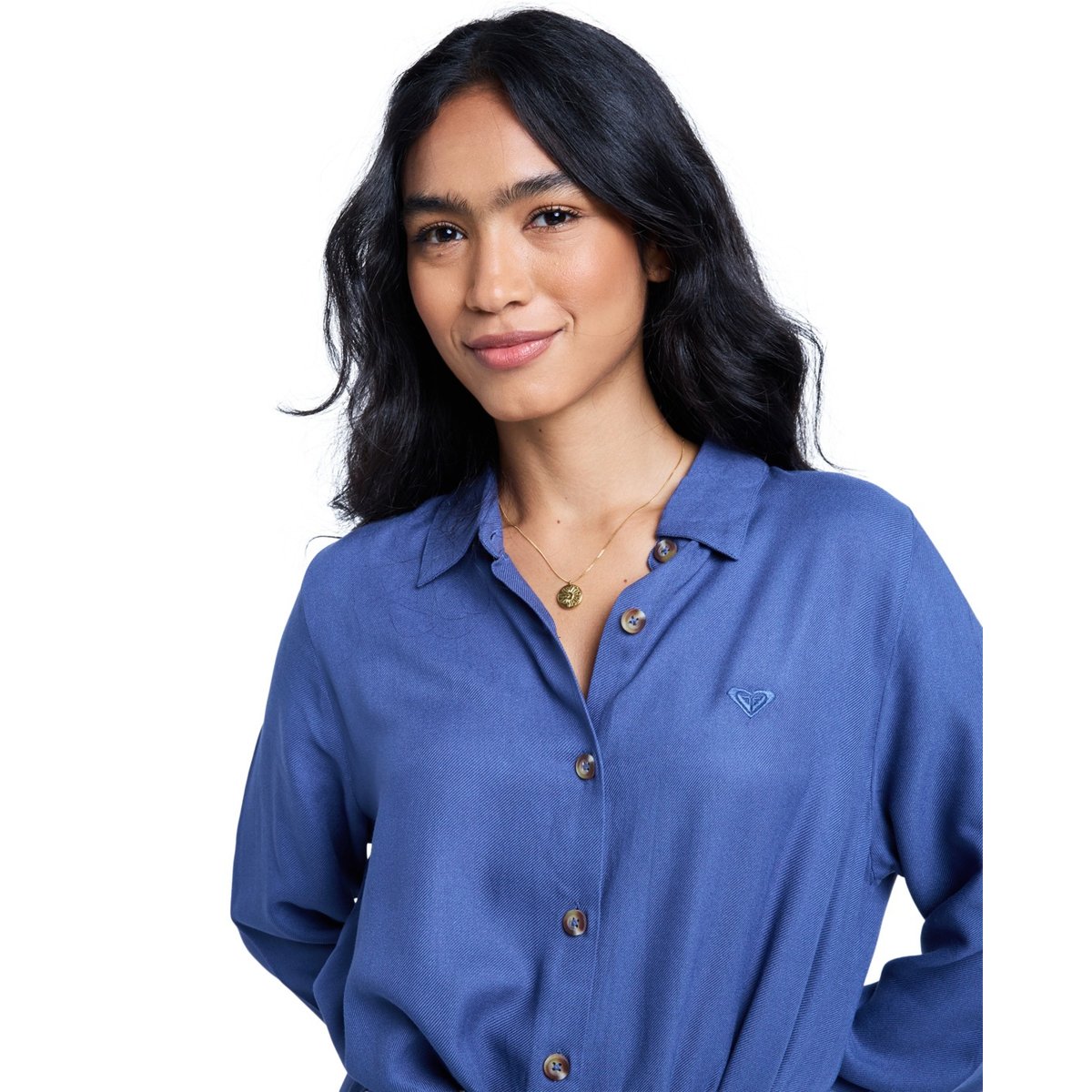 Robe midi à col et manches longues boutonnées sur le devant ISLAND ESCAPE SOLID. bleu vintage indigo, ROXY